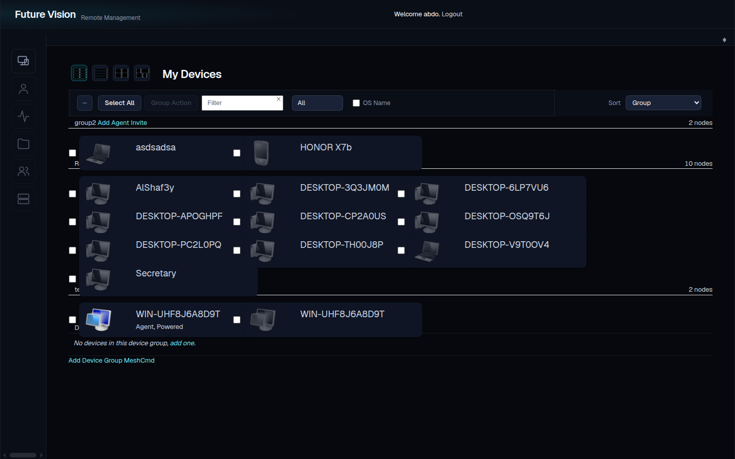 Vision Central console — device list showing the managed fleet with live connection status